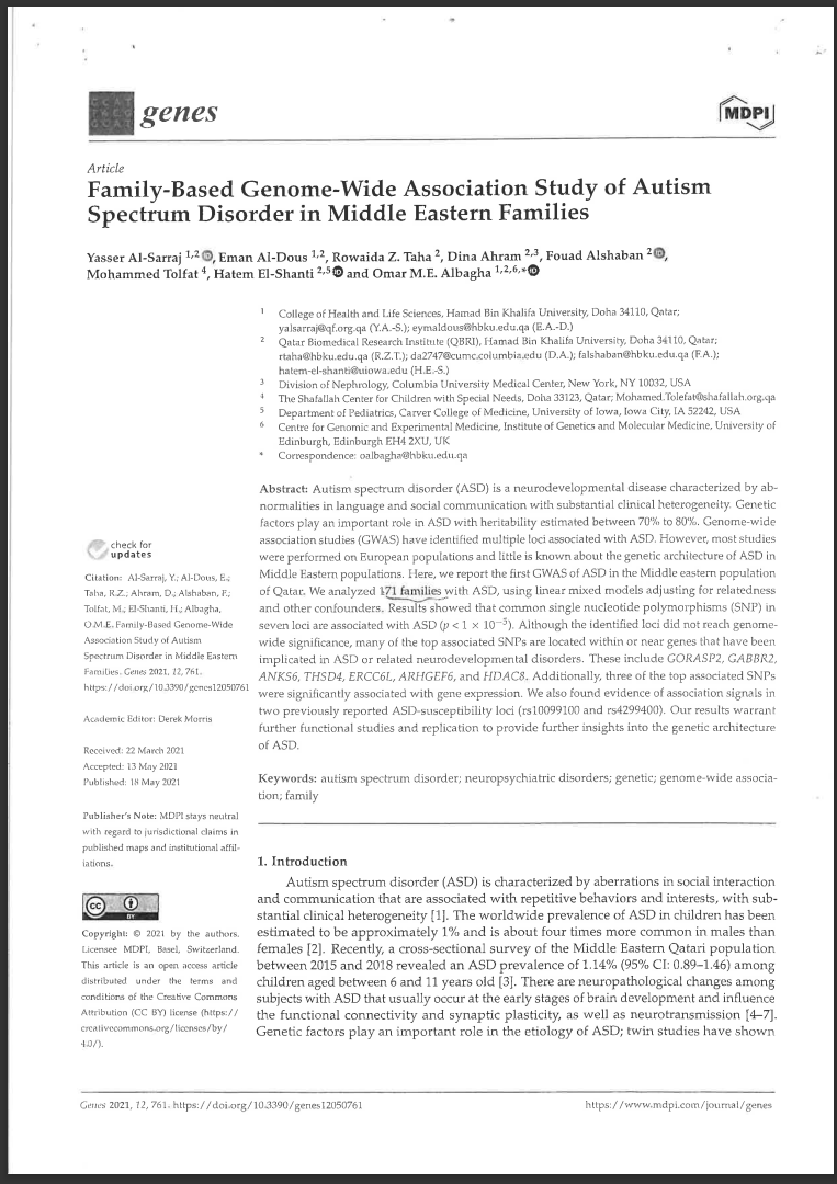 مسح وقراءة الجينيوم كاملاً للعوامل الجينية للعائلات ولأفراد العائلات المصابة باضطراب طيف التوحد في الشرق الأوسط